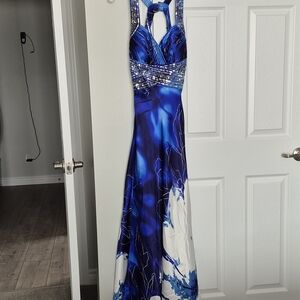 Cachet Blue and White Backless Dress